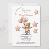 ピンクのテディベアバルーン星女の子ベビーシャワー 招待状 (正面)