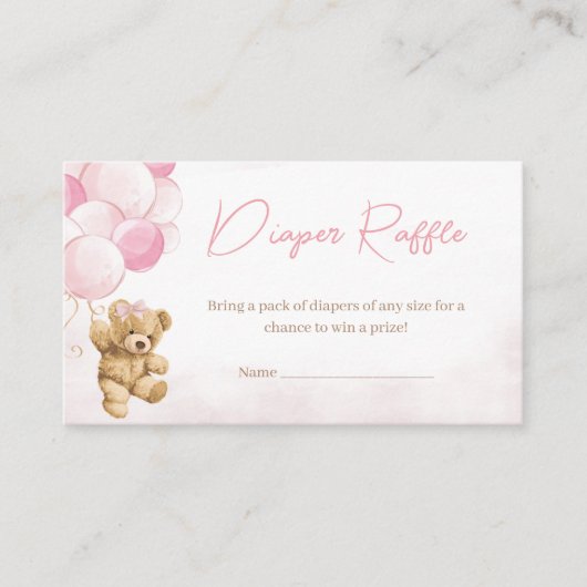 ピンクのテディベアバルーン赤ちゃんシャワーおむつラッフル エンクロージャーカード (正面)