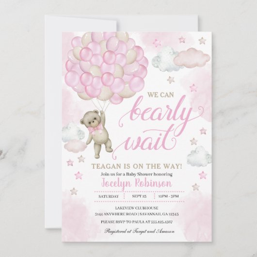 ピンクのテディベアバルーン赤ちゃんシャワー 招待状 (正面)