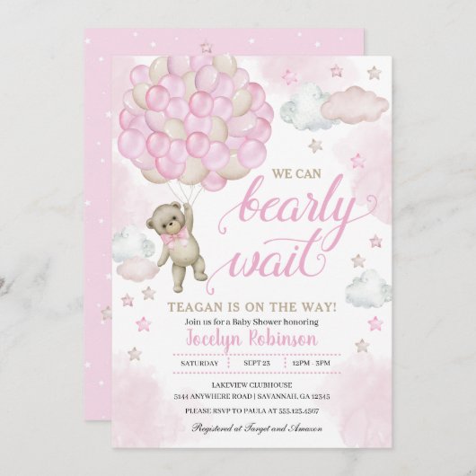 ピンクのテディベアバルーン赤ちゃんシャワー 招待状 (正面/裏面)