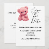 ピンクのテディベアベイビーシャワー　保存日付 招待状 (正面/裏面)