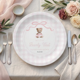 ピンクのテディベアベビーシャワー We Can Bearly Wait ペーパープレート