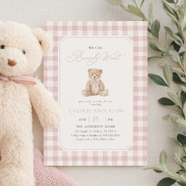 ピンクのテディベアベビーシャワー We Can Bearly Wait 招待状