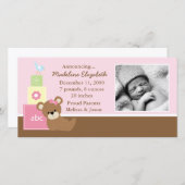 ピンクのテディベア写真誕生のお知らせ 案内状 (正面/裏面)