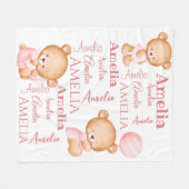 ピンクのテディベア女パーソナライズされたの子の名前ベビーブラ フリースブランケット (正面(横))