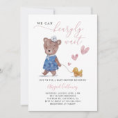 ピンクのテディベア心待ち赤ちゃんシャワー 招待状 (正面)