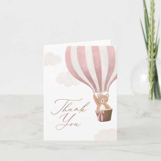 ピンクのテディベア熱い空気バルーンベビーシャワー サンキューカード (正面)