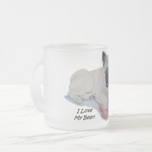 ピンクのテディベア犬のポートレートアートのある秋田 フロストグラスマグカップ (正面左)