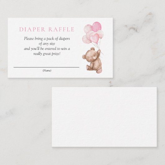 ピンクのテディベア赤ちゃんシャワーおむつラッフル エンクロージャーカード (正面/裏面)