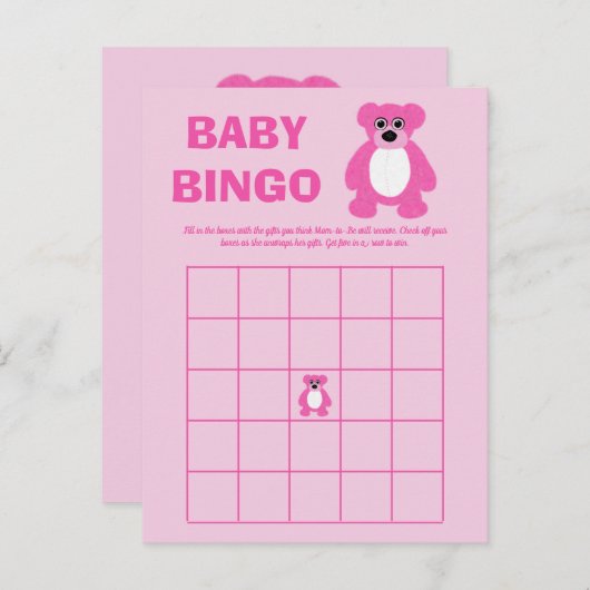 ピンクのテディベア赤ちゃんシャワービンゴゲームカード 案内ポストカード (正面/裏面)