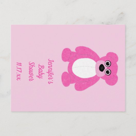 ピンクのテディベア赤ちゃんシャワービンゴゲームカード 案内ポストカード (裏面)
