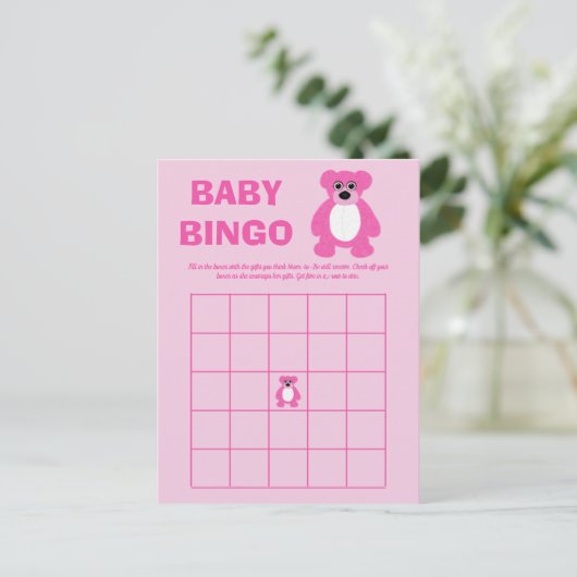 ピンクのテディベア赤ちゃんシャワービンゴゲームカード 案内ポストカード (スタンド正面)