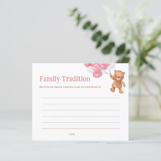 ピンクのテディベア赤ちゃんシャワー家族の伝統カード (スタンド正面)