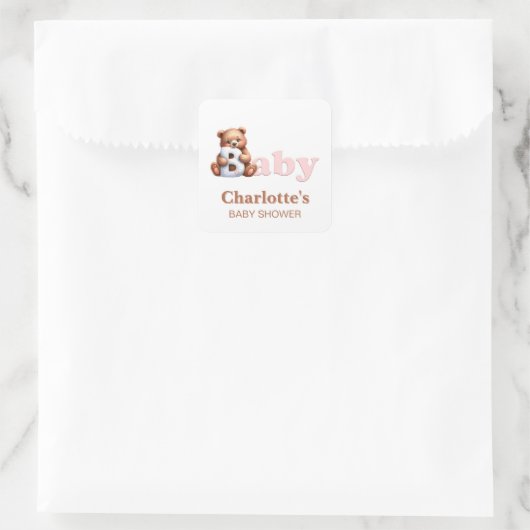 ピンクのテディベア赤ちゃんシャワー スクエアシール (バッグ)