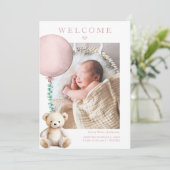 ピンクのテディベア赤ちゃん女の子の写真の誕生のお知らせ 招待状 (スタンド正面)