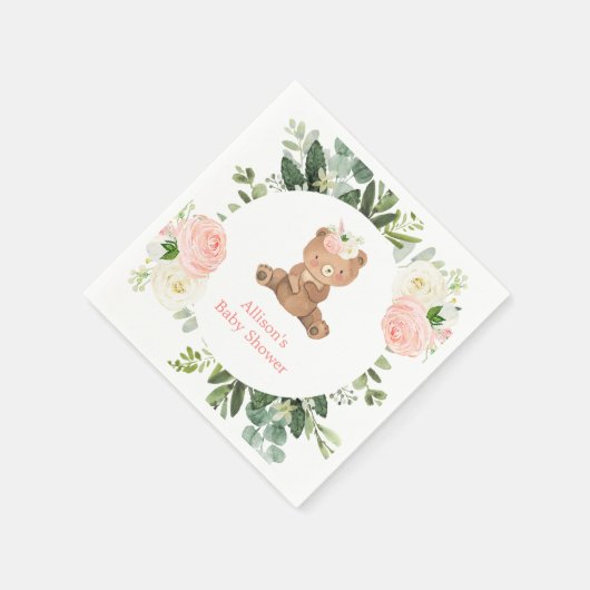 ピンクのテディベア赤面白い緑のベビーシャワー スタンダードカクテルナプキン (角)