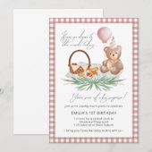 ピンクのテディベア風船ピクニック1歳誕生日 招待状 (正面/裏面)