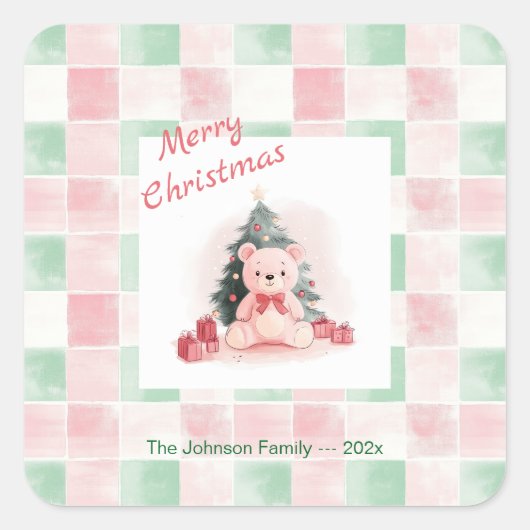 ピンクのテディベア かわいいクリスマス スクエアシール (正面)