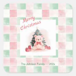 ピンクのテディベア かわいいクリスマス スクエアシール