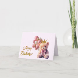 ピンクのテディベア ゴールドの王冠 ハッピーバースデー サンキューカード