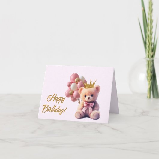 ピンクのテディベア ゴールドの王冠 ハッピーバースデー サンキューカード (正面)