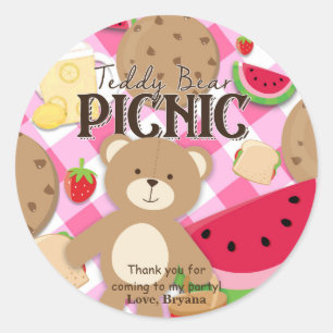 ピンクのテディベア ピクニック 誕生日パーティーの景品 オーダーメイド ラウンドシール