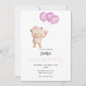 ピンクのテディベア　女の子の1歳の誕生日パーティー 招待状 (正面)