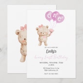 ピンクのテディベア　女の子の1歳の誕生日パーティー 招待状 (正面/裏面)