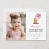 ピンクのテディベア 誕生日写真 ありがとうカード サンキューカード (正面)