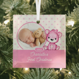 ピンクのテディベア 赤ちゃんの初めてのクリスマス 写真 ガラスオーナメント