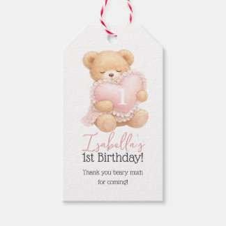 ピンクのテディベア 1歳の誕生日ありがとう ギフトタグ