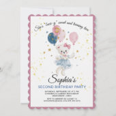 ピンクのテディベア 2歳の誕生日 女の子 招待状 (正面)