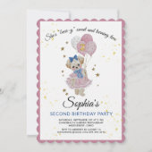 ピンクのテディベア 2歳の誕生日 女の子 招待状 (正面)