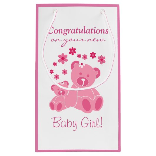 ピンクのテディー・ベアのかわいい女の赤ちゃんのおめでとう スモールペーパーバッグ (裏面)