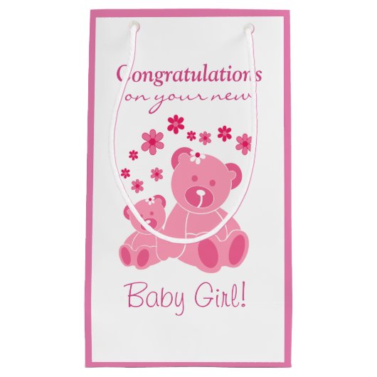 ピンクのテディー・ベアのかわいい女の赤ちゃんのおめでとう スモールペーパーバッグ (正面)