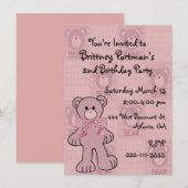 ピンクのテディー・ベアの誕生日の招待状 招待状 (正面/裏面)