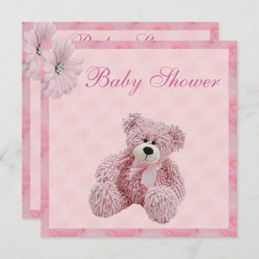 ピンクのテディー・ベア及びフラワー・ガールのベビーシャワー 招待状 (正面/裏面)