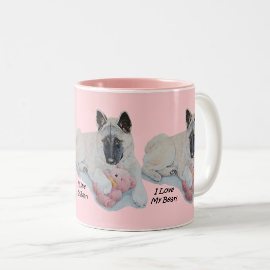 ピンクのテディー・ベア犬のポートレートを抱きしめるかわいい秋田 ツートーンマグカップ (正面右)
