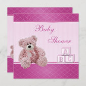 ピンクのテディ及びブロックの女の赤ちゃんのシャワー 招待状 (正面/裏面)
