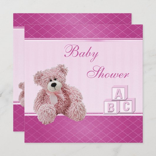 ピンクのテディ及びブロックの女の赤ちゃんのシャワー 招待状 (正面/裏面)