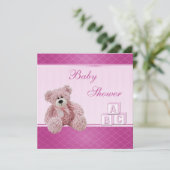 ピンクのテディ及びブロックの女の赤ちゃんのシャワー 招待状 (スタンド正面)