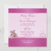 ピンクのテディ及びブロックの女の赤ちゃんのシャワー 招待状 (裏面)
