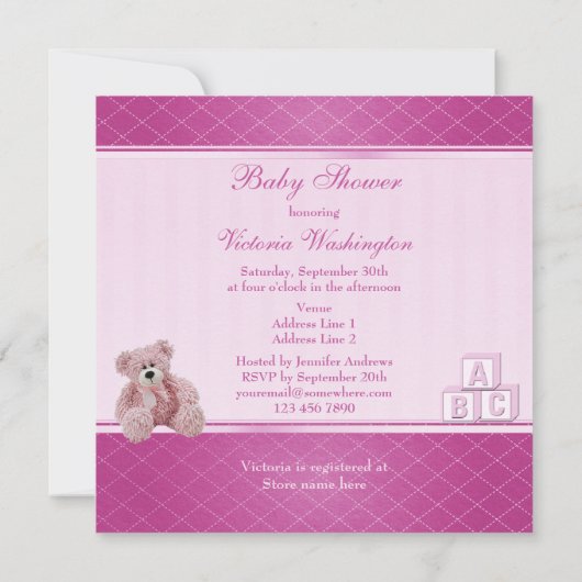 ピンクのテディ及びブロックの女の赤ちゃんのシャワー 招待状 (裏面)