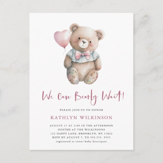 ピンクのテディ我々は心から女の子の赤ちゃんシャワーを待つことができる インビテーションポストカード (正面)