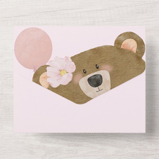 ピンクのテディ我々は心から女の子の赤ちゃんシャワーを待つことができる オールインワン招待状 (裏面)