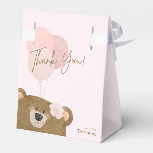 ピンクのテディ我々は心から女の子の赤ちゃんシャワーを待つことができる フェイバーボックス (裏面サイド)