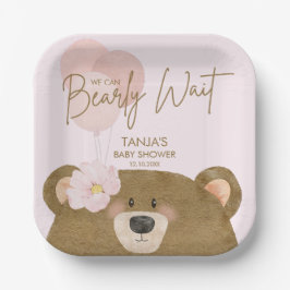 ピンクのテディ我々は心から女の子の赤ちゃんシャワーを待つことができる ペーパープレート