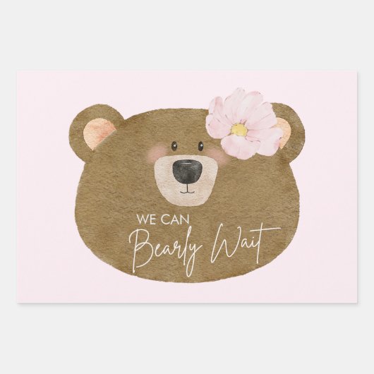 ピンクのテディ我々は心から女の子の赤ちゃんシャワーを待つことができる ラッピングペーパーシート (正面3)