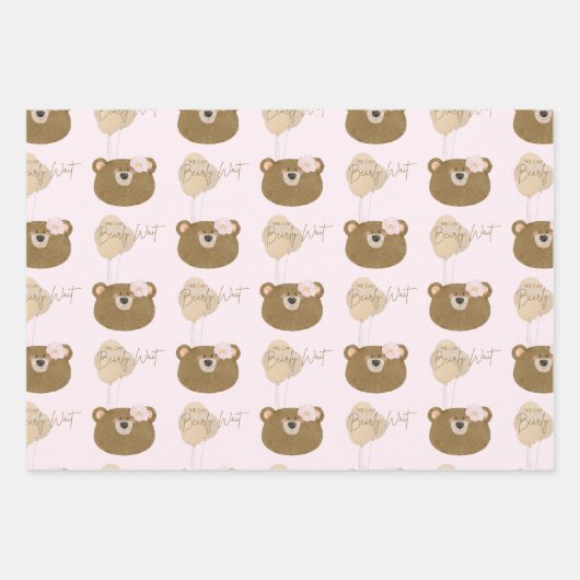 ピンクのテディ我々は心から女の子の赤ちゃんシャワーを待つことができる ラッピングペーパーシート (正面2)