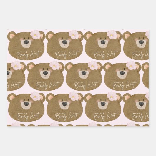 ピンクのテディ我々は心から女の子の赤ちゃんシャワーを待つことができる ラッピングペーパーシート (正面)